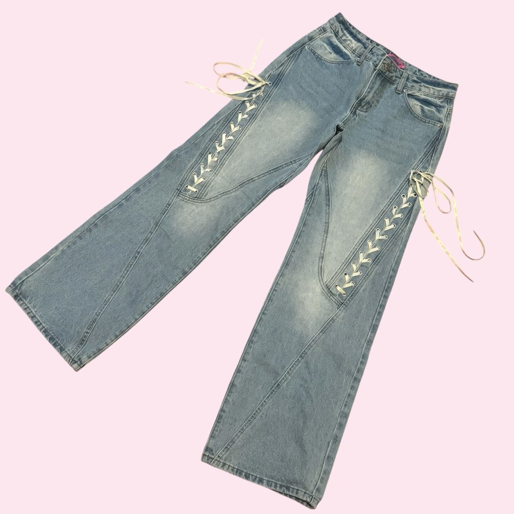 NWT Edikted Lace Up Jeans, Light Wash, size XS